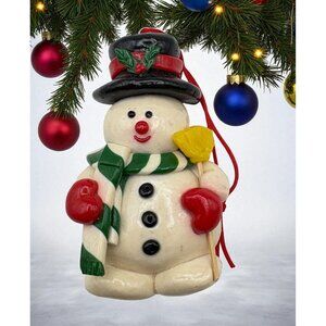 Vintage Frosty the Snowman Christmas Ornament with Broom Scarf Mittens & Top Hat